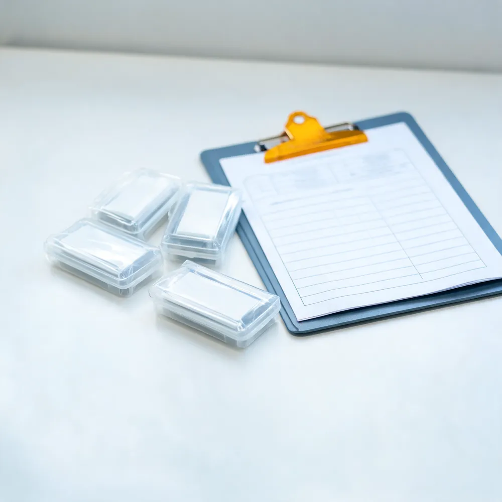 Sealed air sampling cassettes next to a chain of custody form on a clipboard